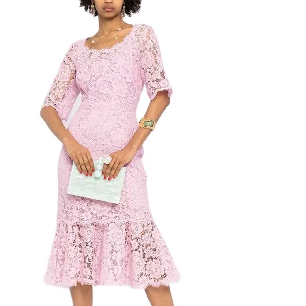 NWT Dolce & Gabbana Lace Overlay Short Sleeve Midi Dress 42 M